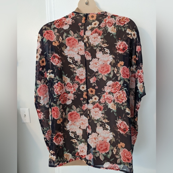 Women's Floral Print Puff Sleeve Kimono Chiffon Loose Cover Up - Size Small - Picture 12 of 12